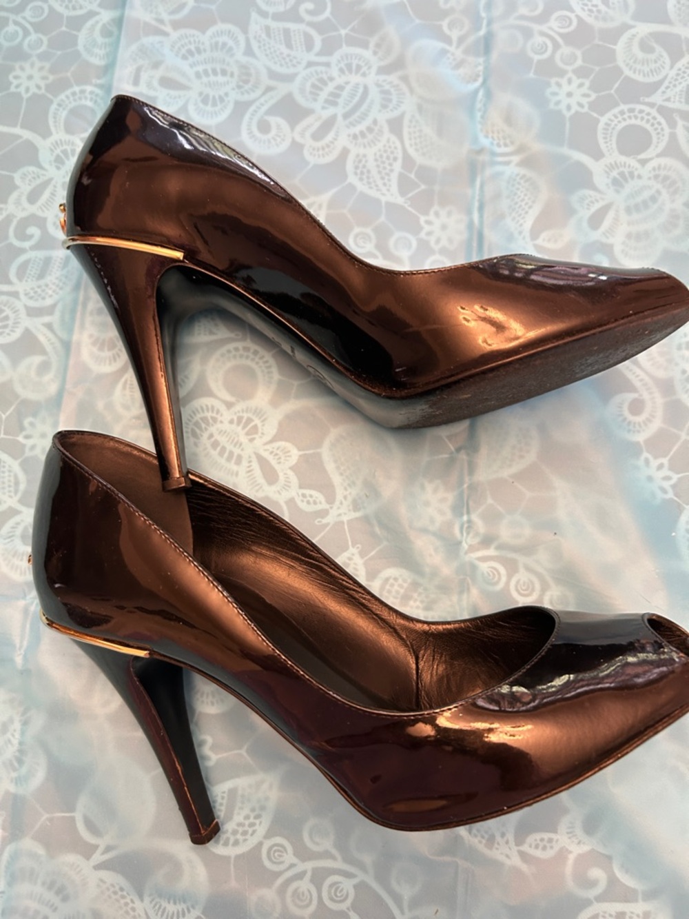 CHANEL Black Patent Leather Peep-Toe Stiletto Heels with Gold CC - Picture 11 of 12